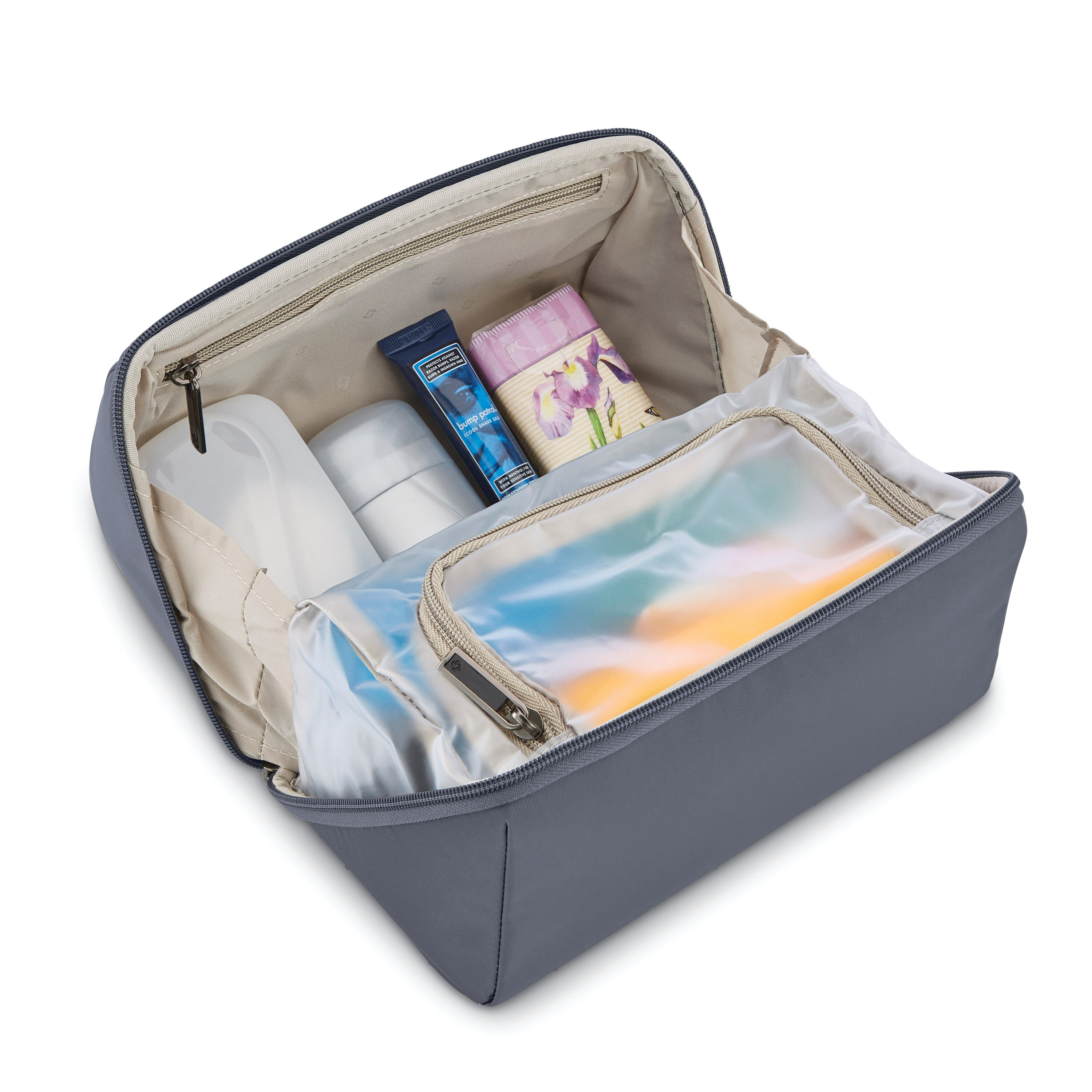 NuRoad Lay Flat Toiletry Kit in the color Slate Blue/Gunmetal.