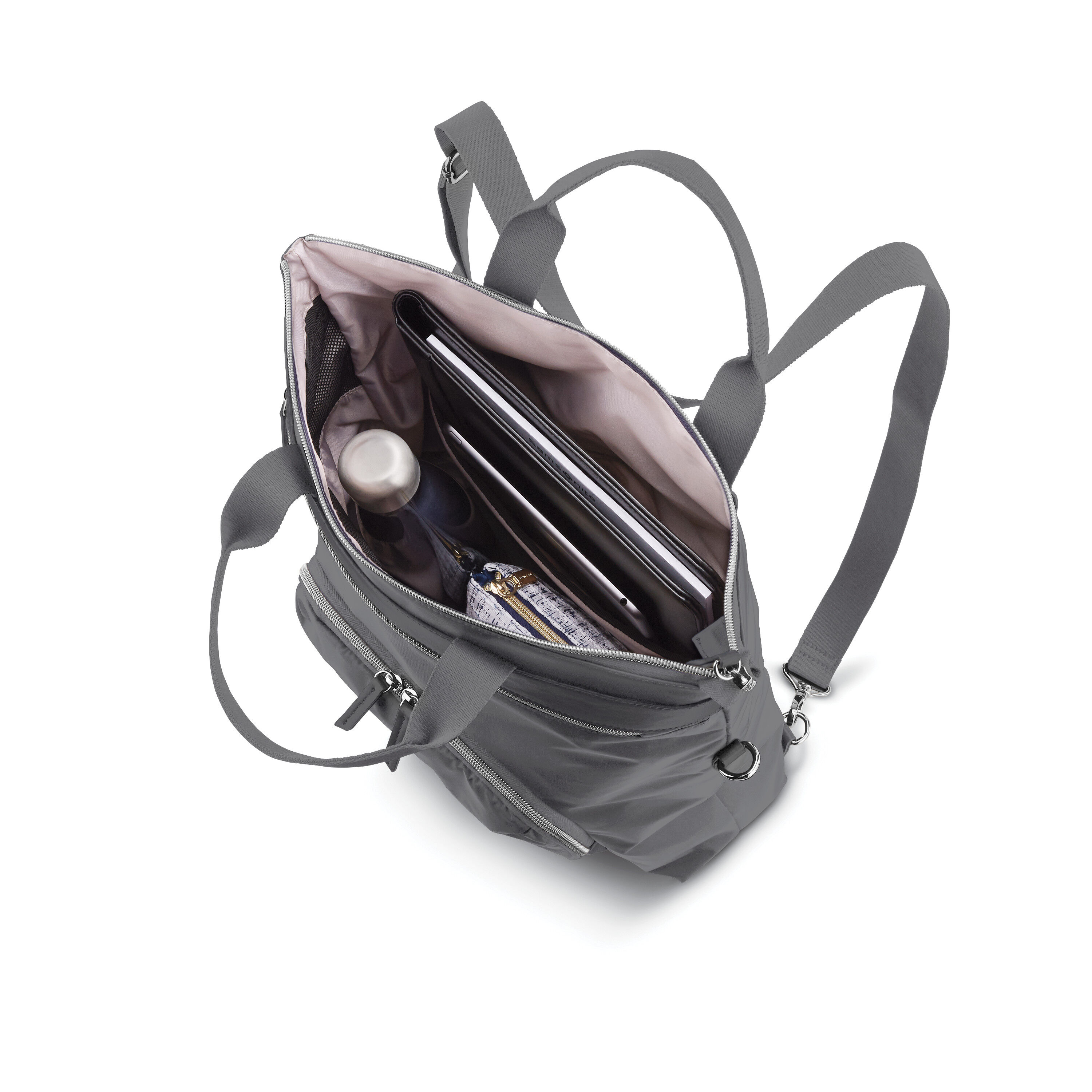 Mobile Solution Convertible Backpack in the color Silver Shadow.