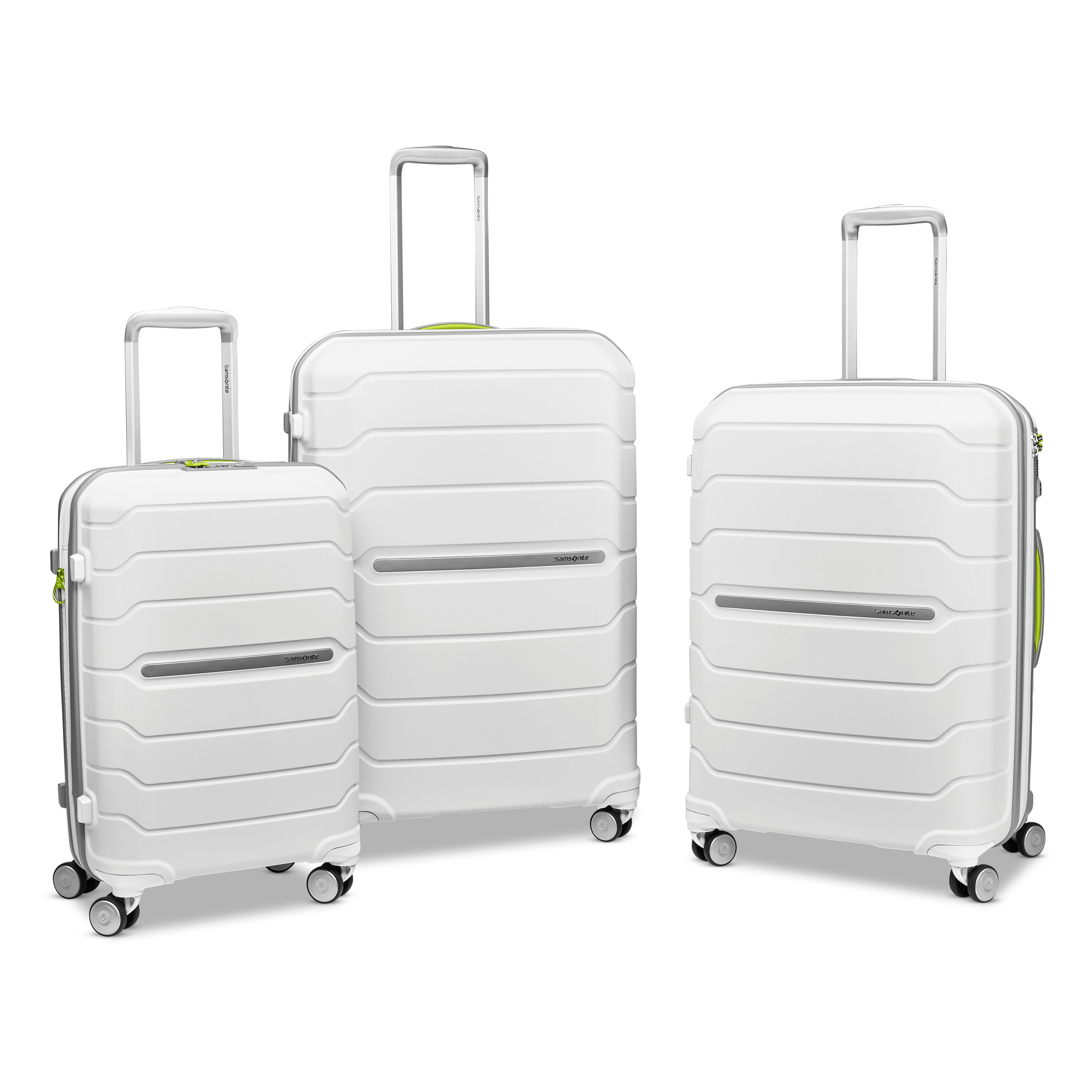Freeform Carry-On, Medium Checked, and Large Checked Spinners in White/Grey. image number 4
