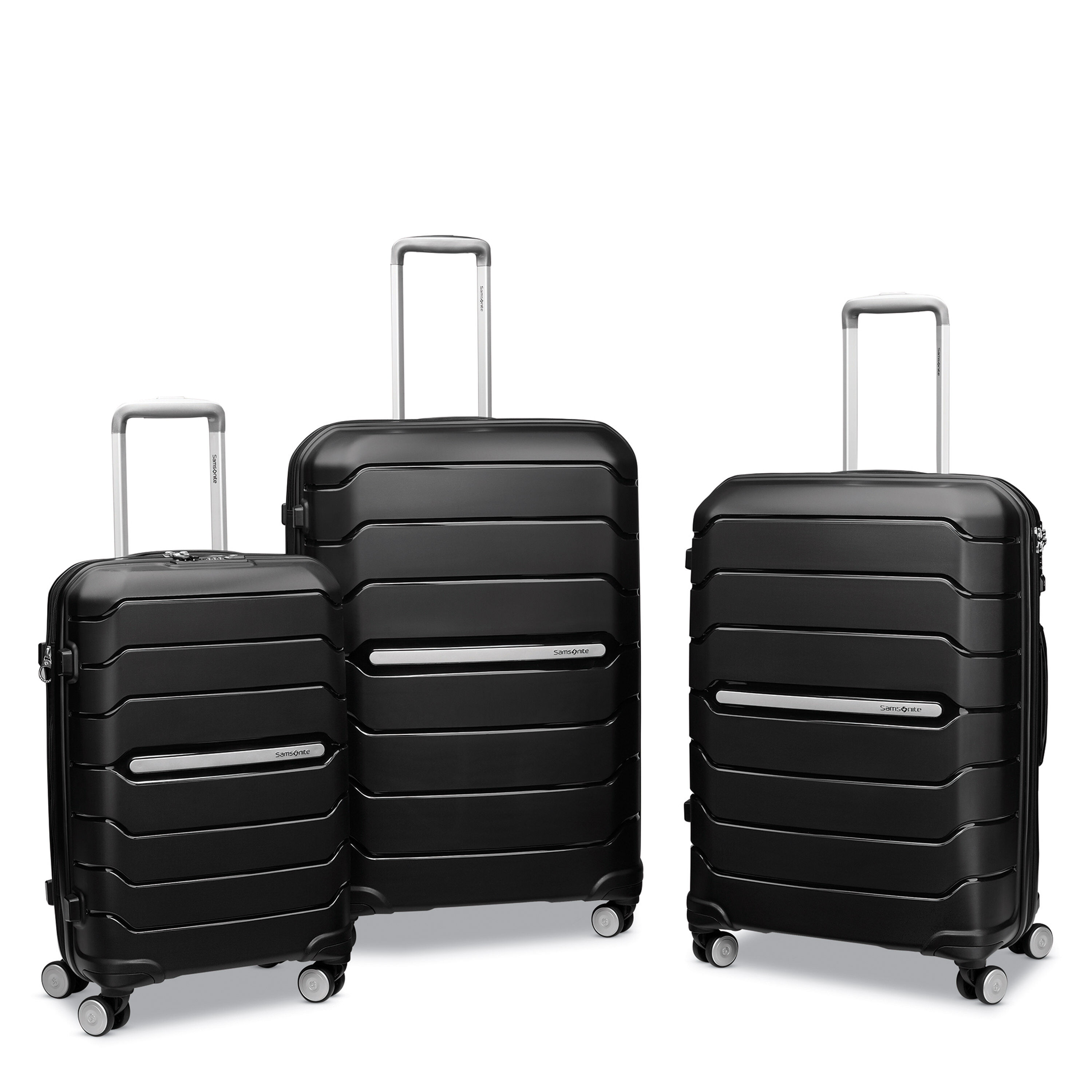 Freeform Carry-On, Medium Checked, and Large Checked Spinners in Black.