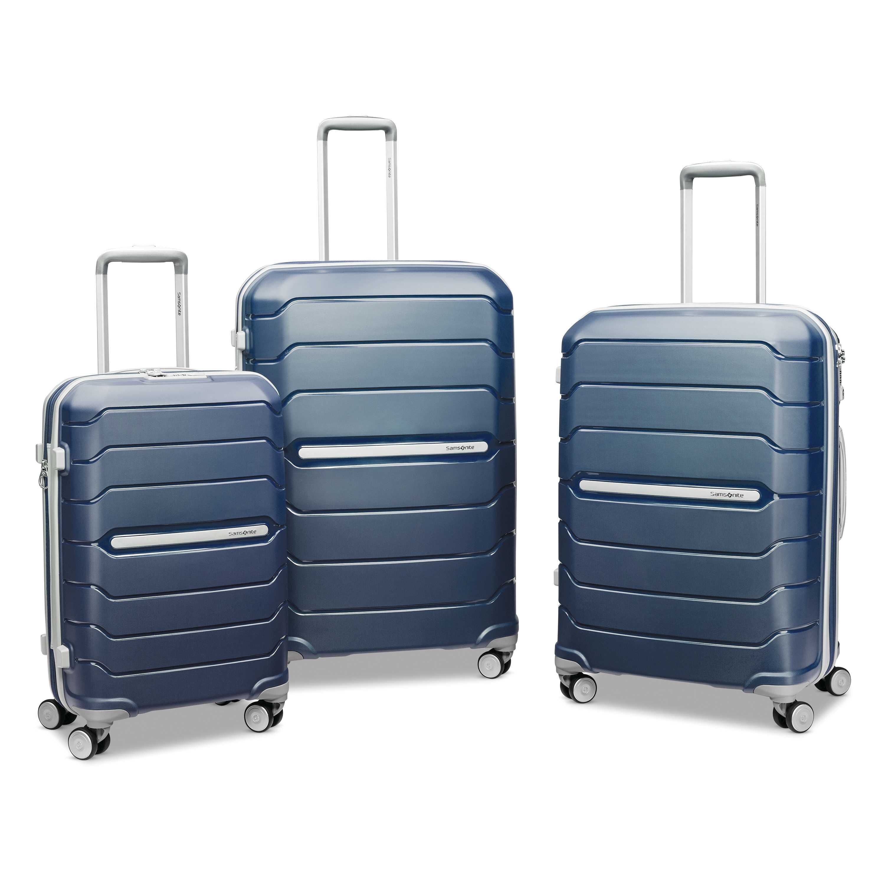 Freeform Carry-On, Medium Checked, and Large Checked Spinners in Navy. image number 2