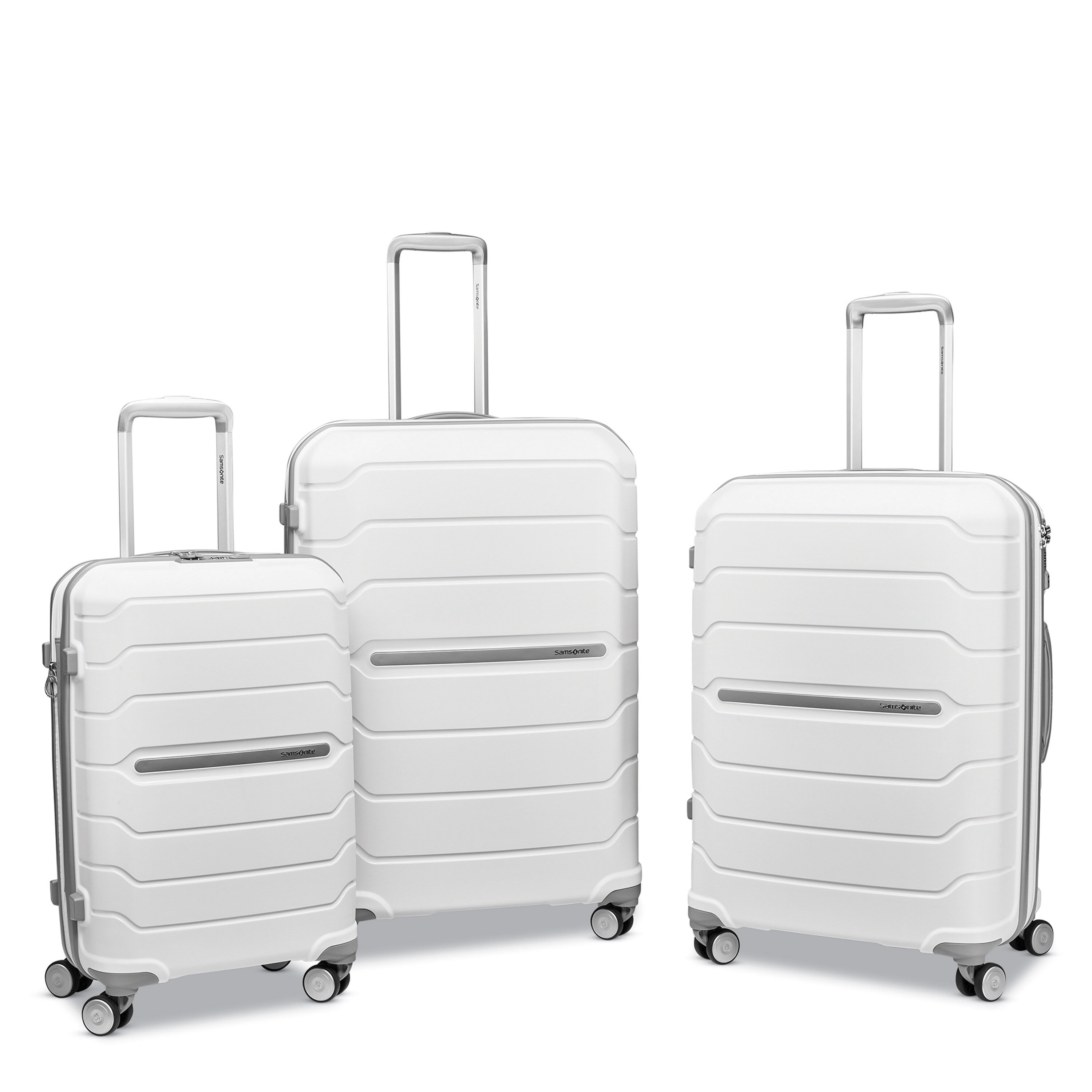 Freeform Carry-On, Medium Checked, and Large Checked Spinners in White. image number 5
